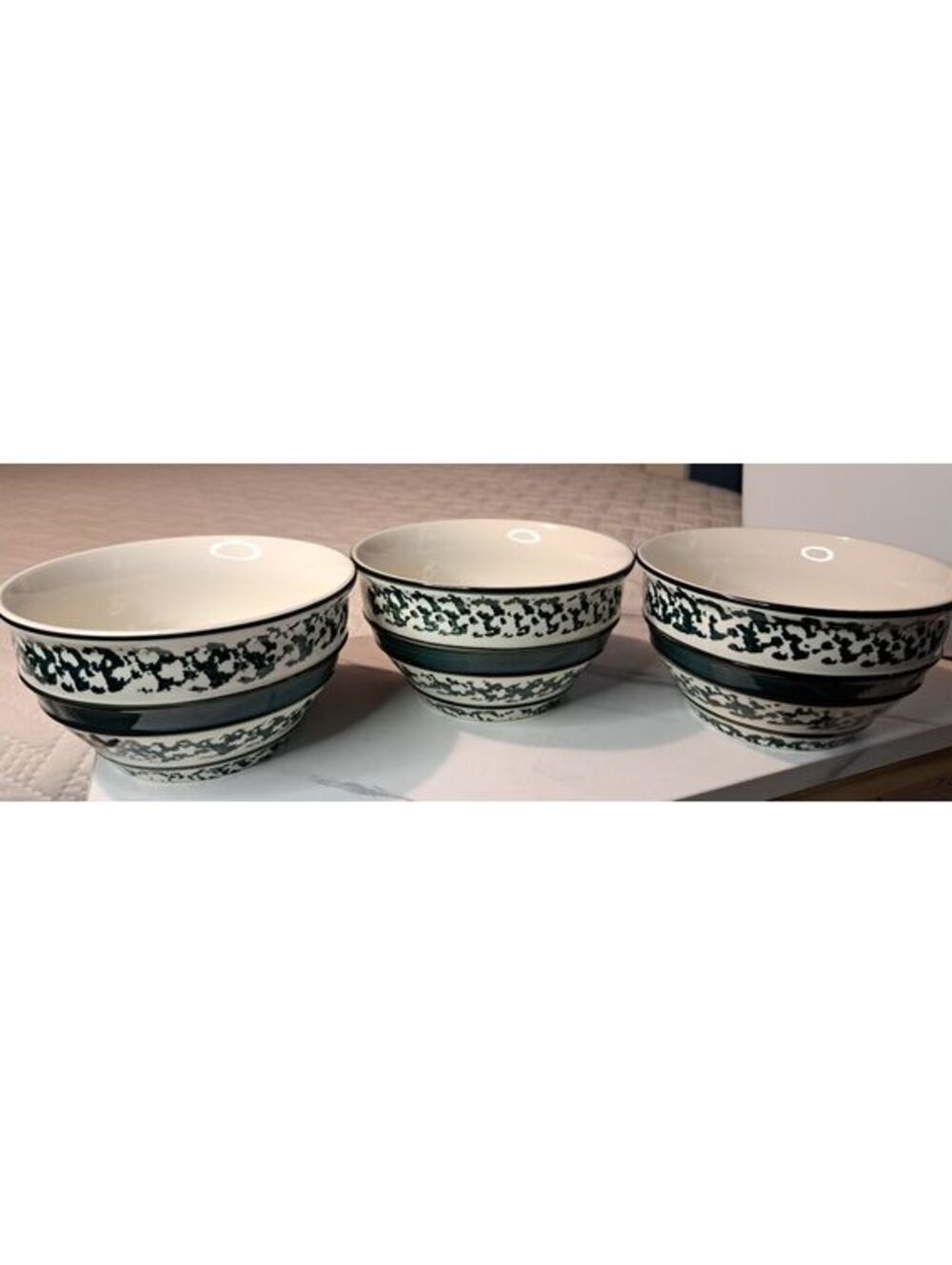 Vintage Set of 3 Tienshan "Country Crock" Green Sponge w Black Border 6" Bowls